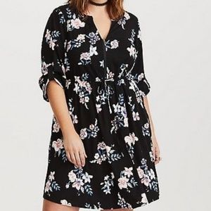 Torrid Black Floral Zip Challis Shirt Dress